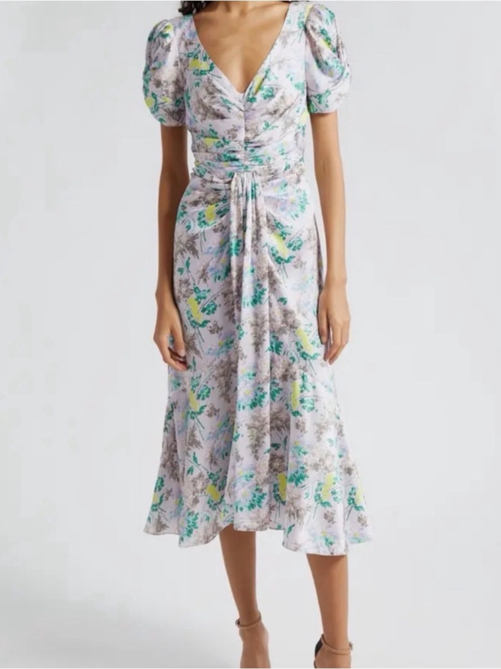 Cinq a sept Walker Pastel Floral V-Neck Midi Dress w/ Puff Sleeves (size 6, NWT)